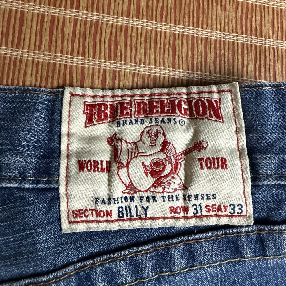 True Religion Mens Jeans 33x31 Y2K Distressed Embroidered Red Orange Full Pocket - Picture 9 of 9